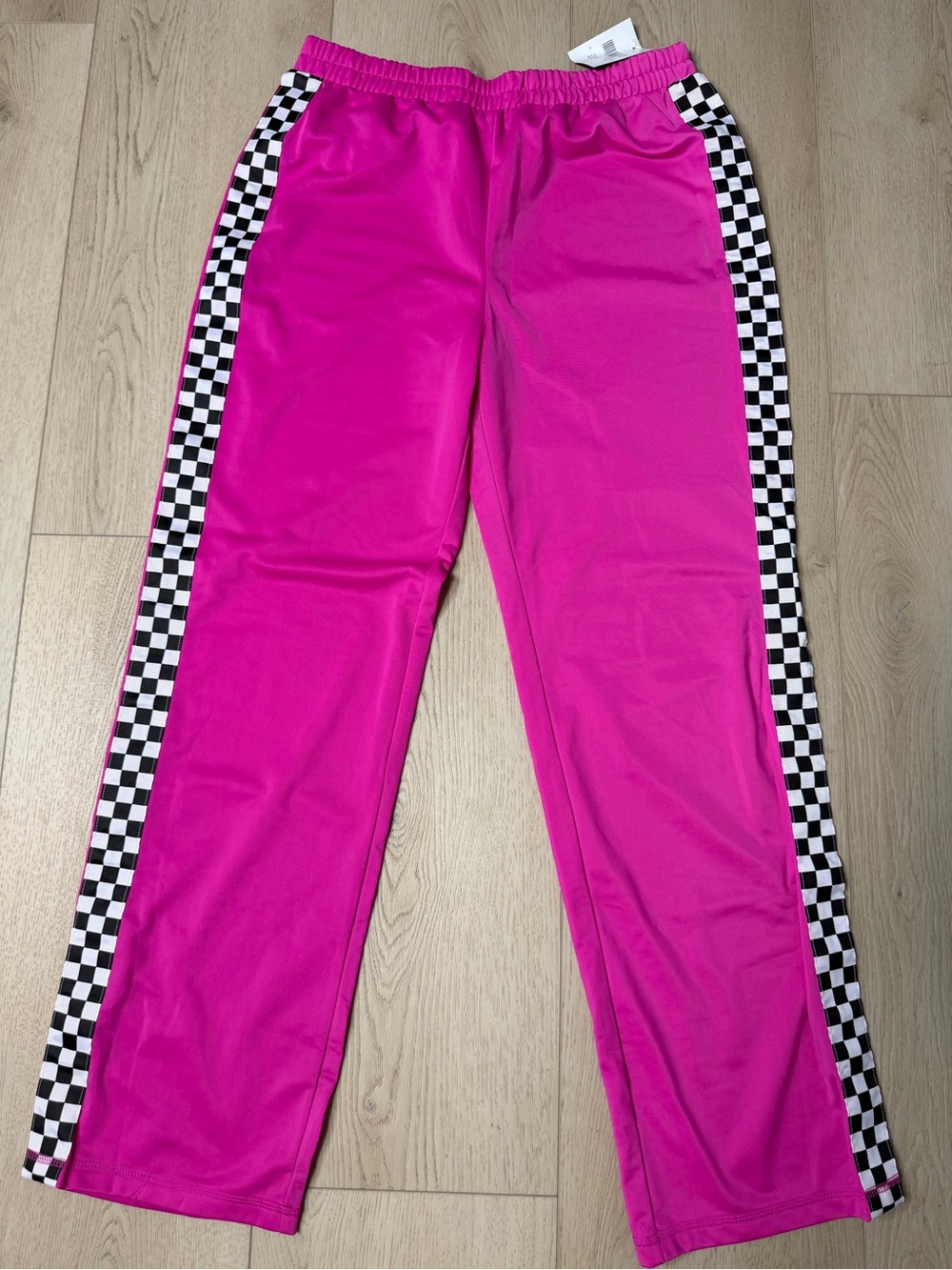 NWT Forever 21 Hot Pink Track Pants with Checkered Side Stripes Size L